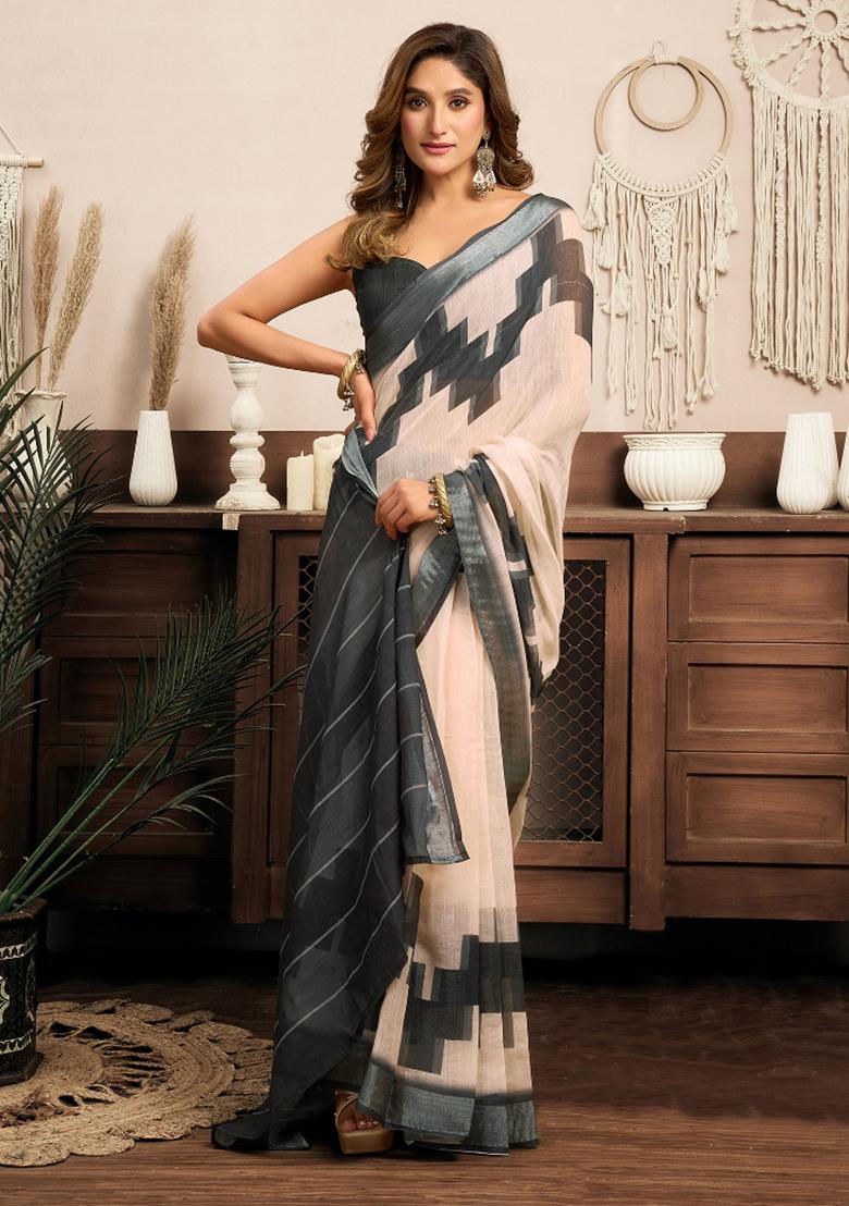 White   Grey Ethnic Motifs Linen Saree Set - Indya