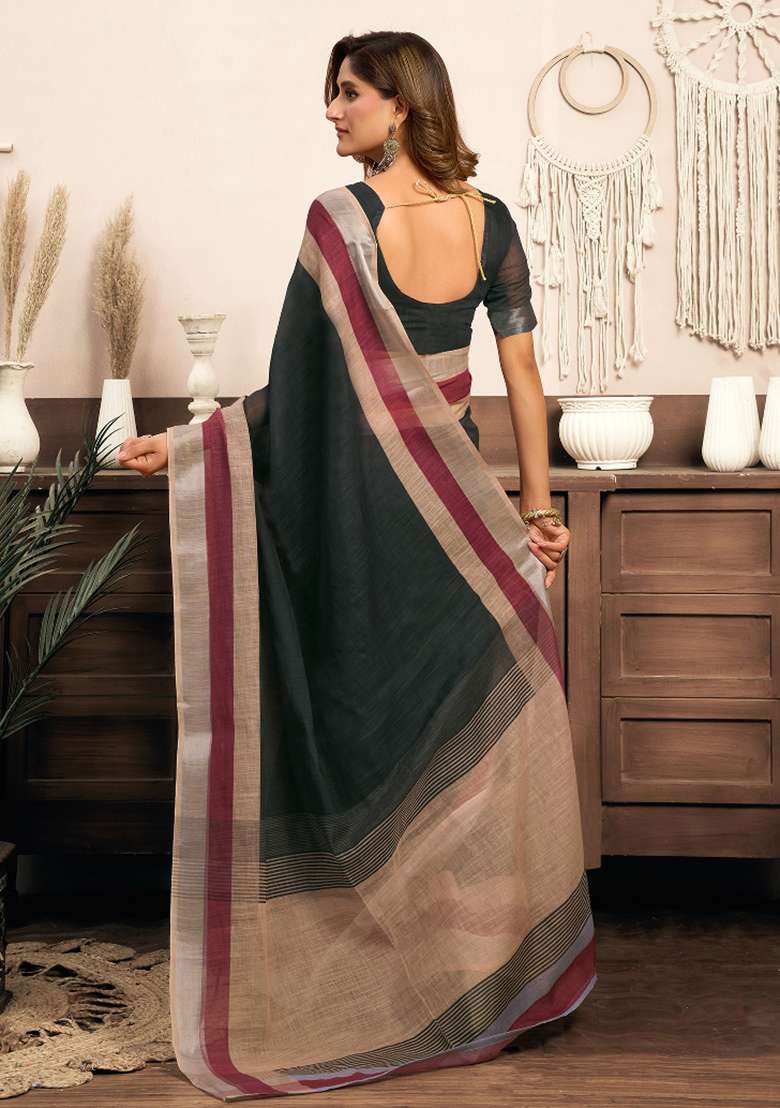 Black Solid Linen Saree Set for Diwali | Wedding & Festive Wear - Indya
