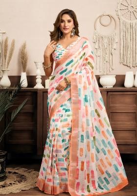 White Color Block Linen Saree Set