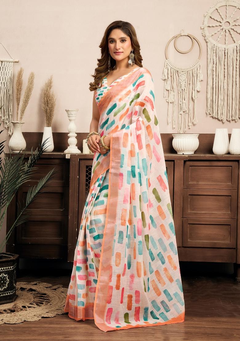 White Color Block Linen Saree Set - Indya