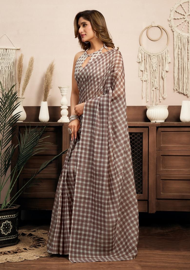 Beige Checked Linen Saree Set - Indya