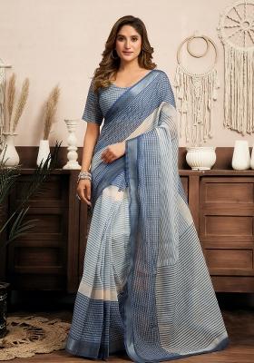 Cream   Blue Striped Linen Saree Set