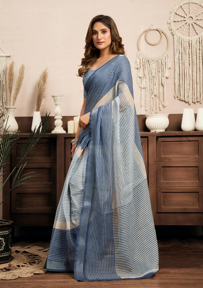 Cream   Blue Striped Linen Saree Set - Indya