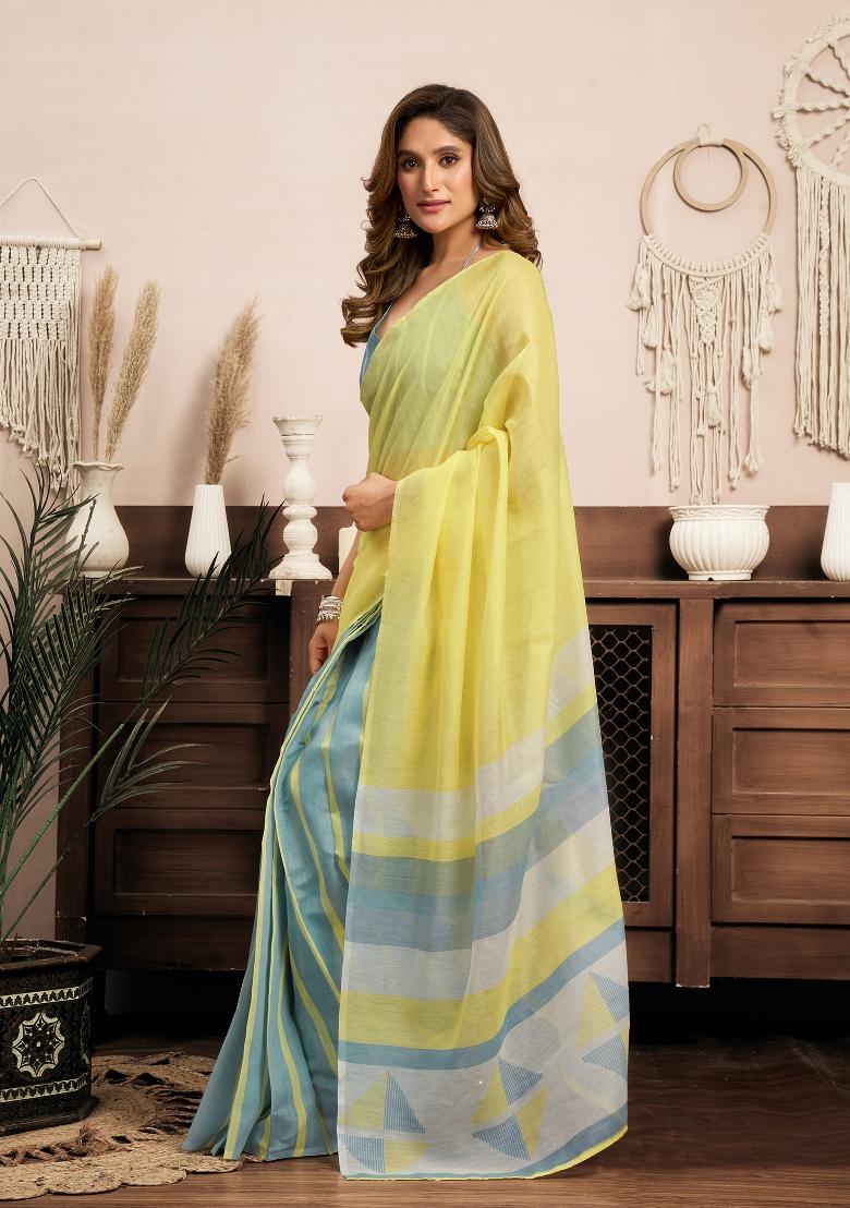 Bright Yellow Striped Linen Saree Set - Indya