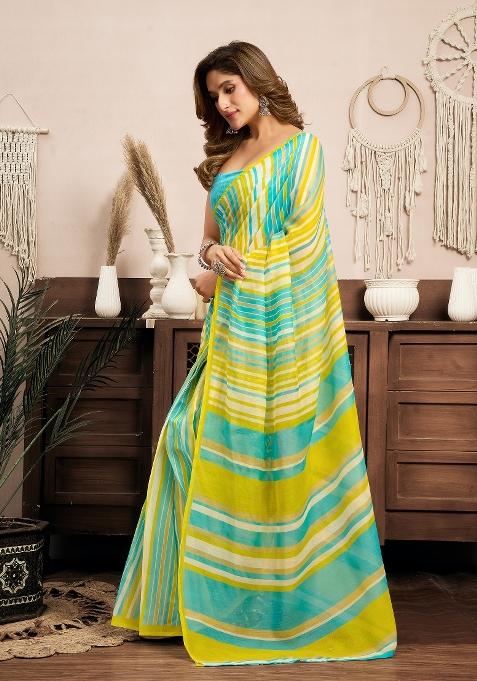 Yellow Striped Linen Saree Set