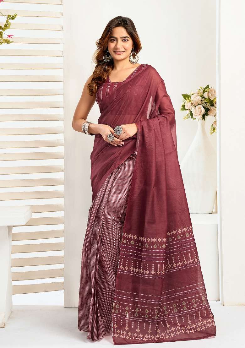 Maroon Ethnic Motifs Linen Saree Set for Diwali and Festive Wear - Indya