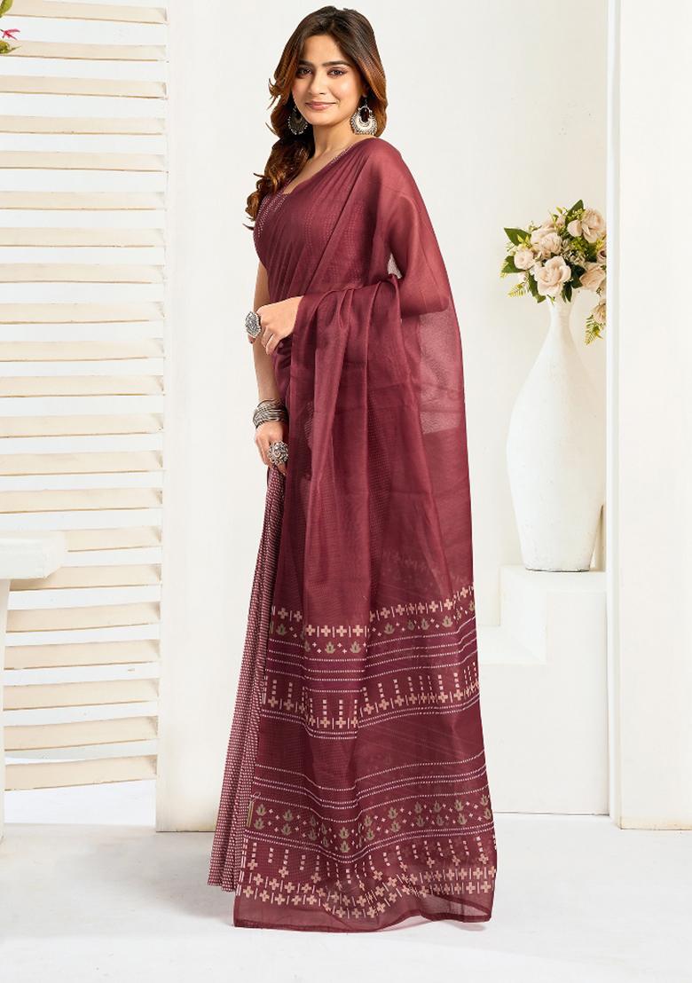 Maroon Ethnic Motifs Linen Saree Set - Indya