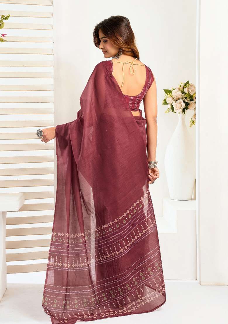 Maroon Ethnic Motifs Linen Saree Set for Diwali and Festive Wear - Indya