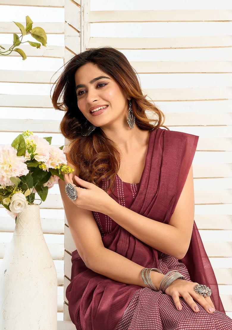 Maroon Ethnic Motifs Linen Saree Set - Indya