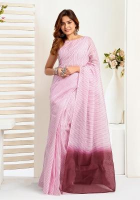 Light Pink&nbsp; Striped Linen Saree Set