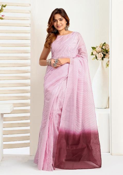 Light Pink&nbsp; Striped Linen Saree Set