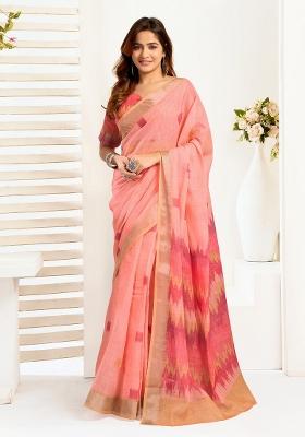 Peach Ikkat Linen Saree Set
