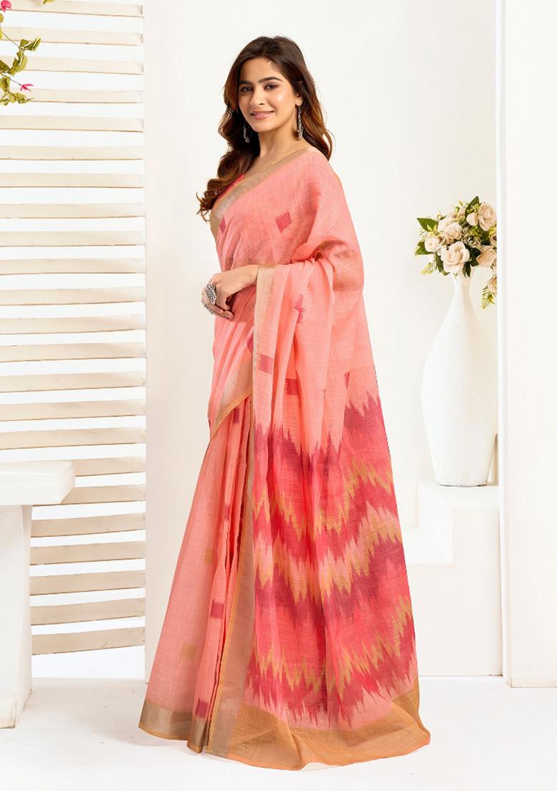 Peach Ikkat Linen Saree Set - Indya