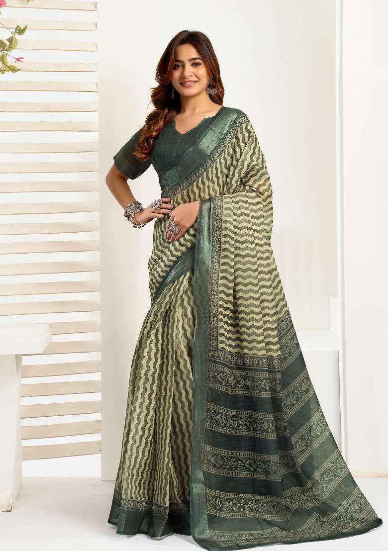 Cream Zig Zag Linen Saree Set for Diwali and Festive Wear - Indya
