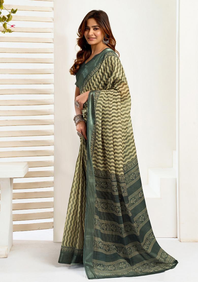 Cream Zig Zag Linen Saree Set - Indya