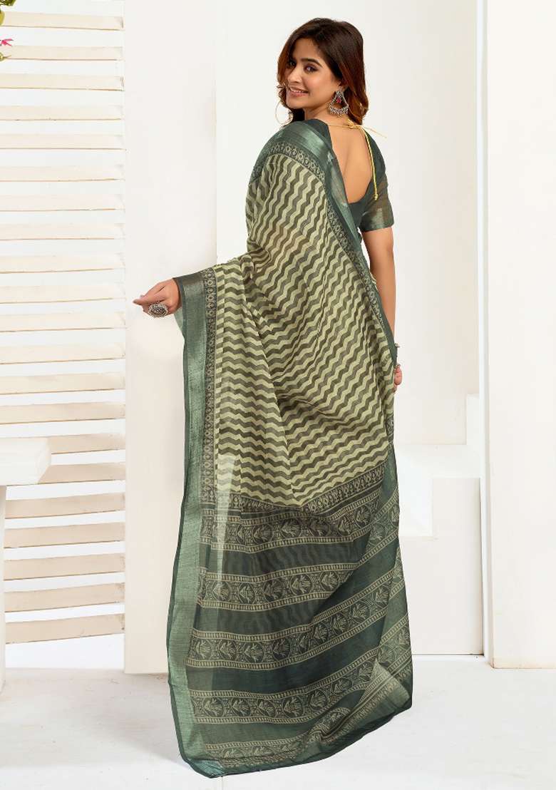 Cream Zig Zag Linen Saree Set for Diwali and Festive Wear - Indya