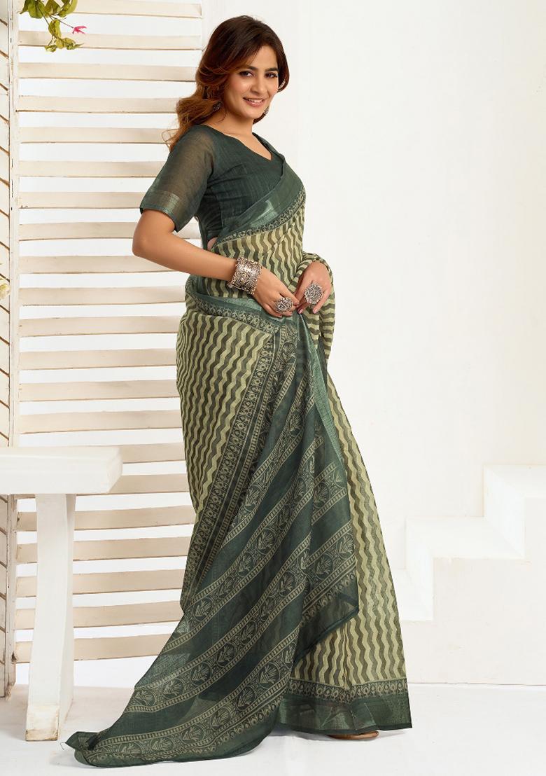 Cream Zig Zag Linen Saree Set - Indya