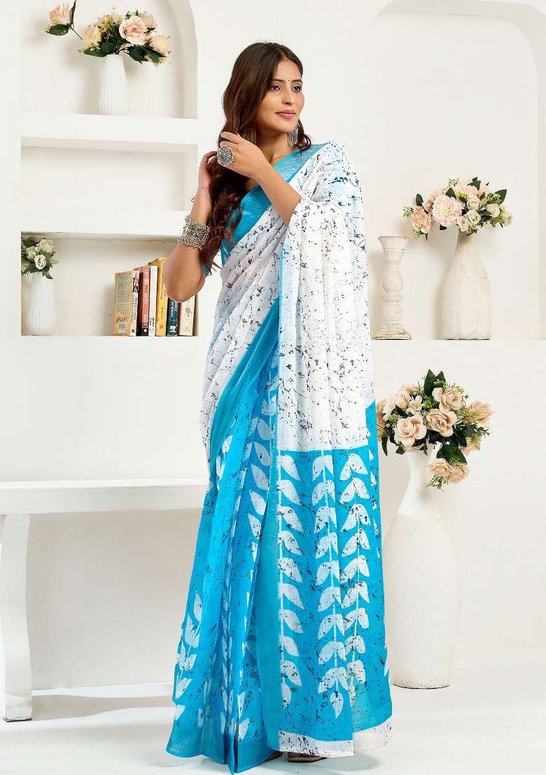 White Leaf Linen Saree Set for Diwali | Wedding & Festive Wear - Indya