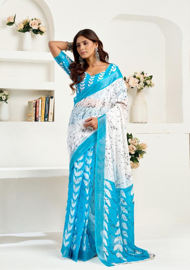 White Leaf Linen Saree Set - Indya