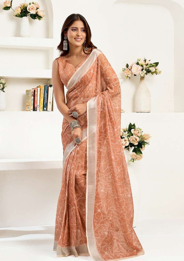 Rust Brown Floral Linen Saree Set for Diwali | Wedding & Festive Wear - Indya