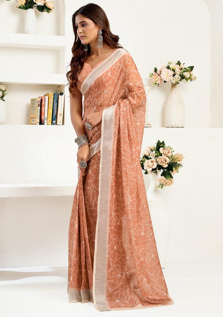 Rust Brown Floral Linen Saree Set - Indya