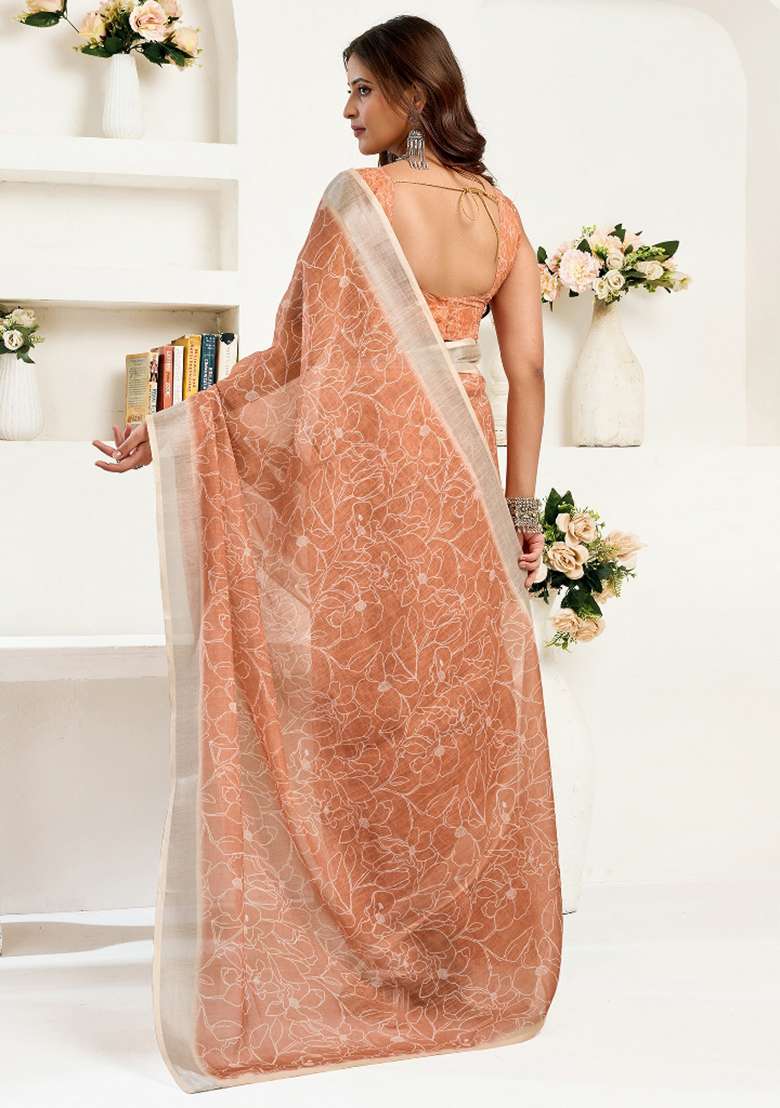 Rust Brown Floral Linen Saree Set for Diwali | Wedding & Festive Wear - Indya