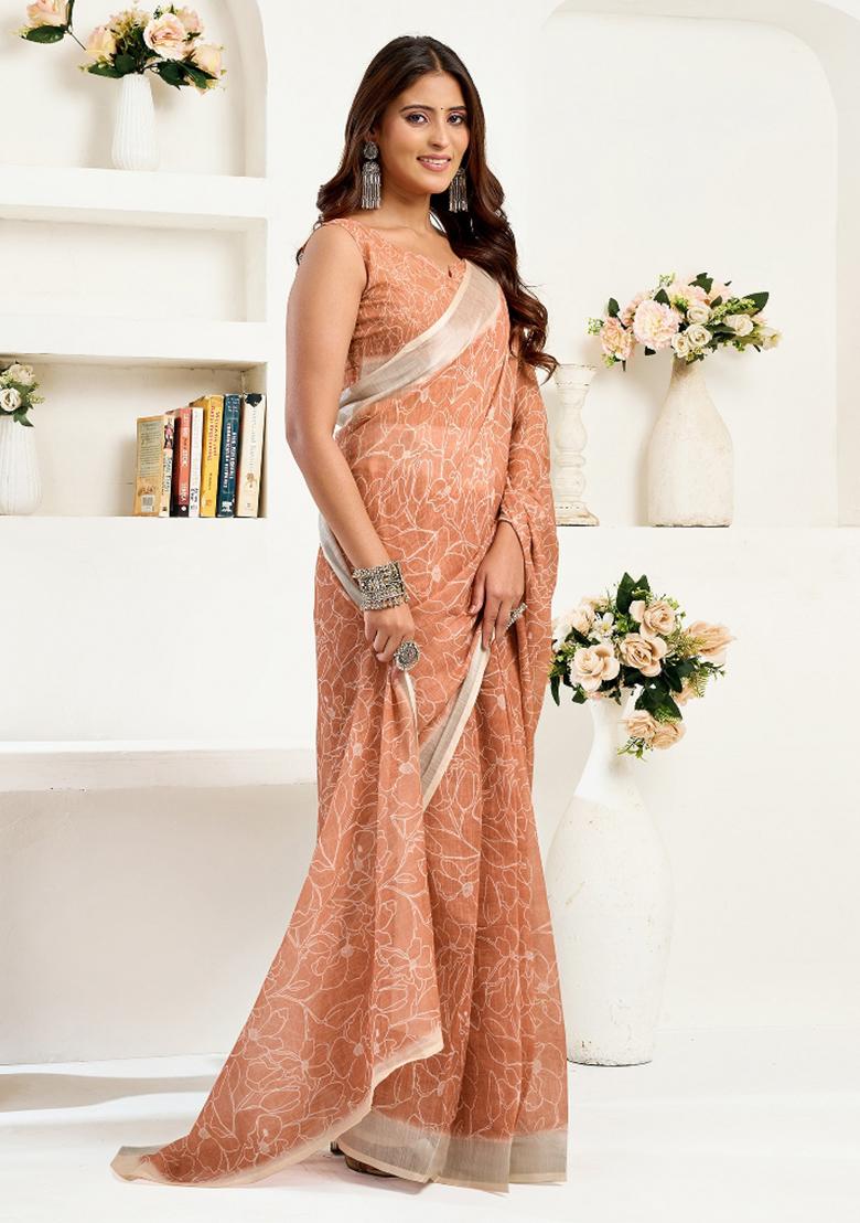 Rust Brown Floral Linen Saree Set - Indya
