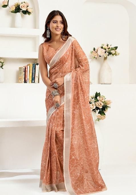 Rust Brown Floral Linen Saree Set