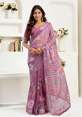 Dusty Wine Floral Linen Saree Set