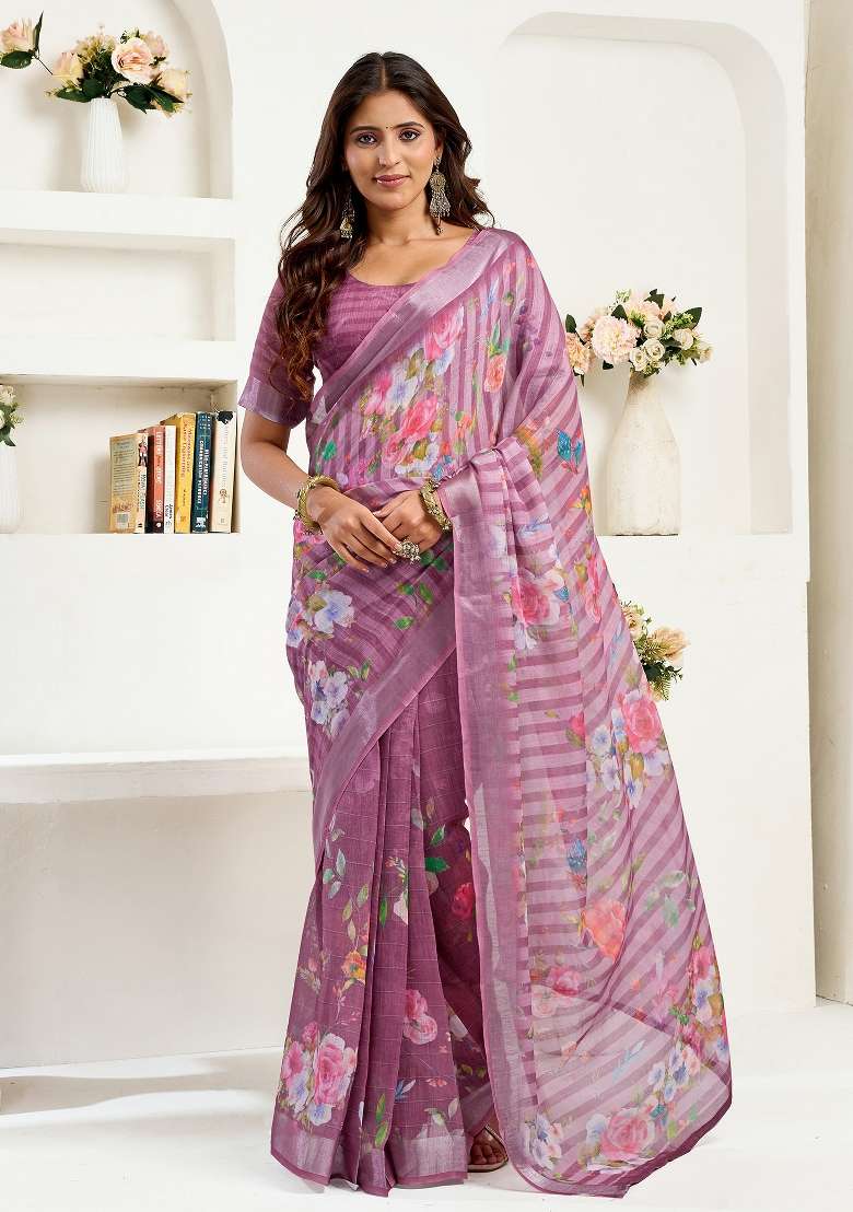 Dusty Wine Floral Linen Saree Set for Diwali and Festive Wear - Indya
