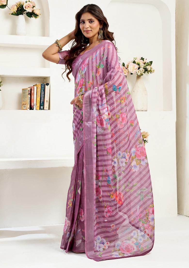 Dusty Wine Floral Linen Saree Set - Indya
