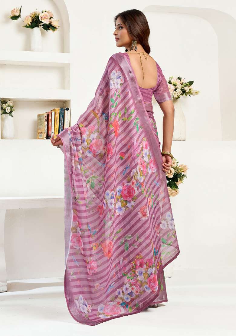 Dusty Wine Floral Linen Saree Set for Diwali and Festive Wear - Indya