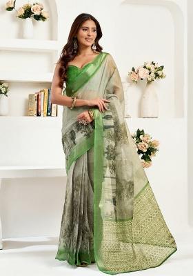 Green Floral Linen Saree Set
