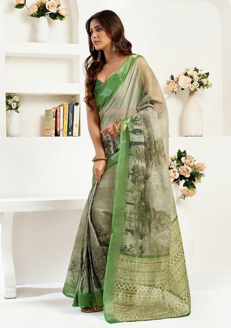 Green Floral Linen Saree Set - Indya