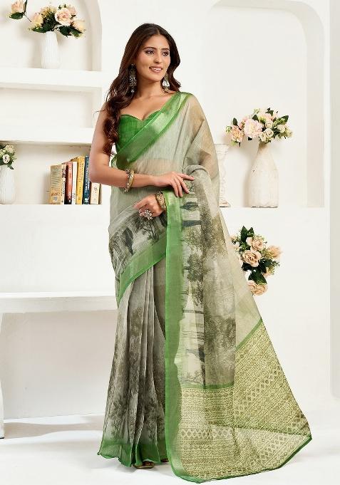 Green Floral Linen Saree Set