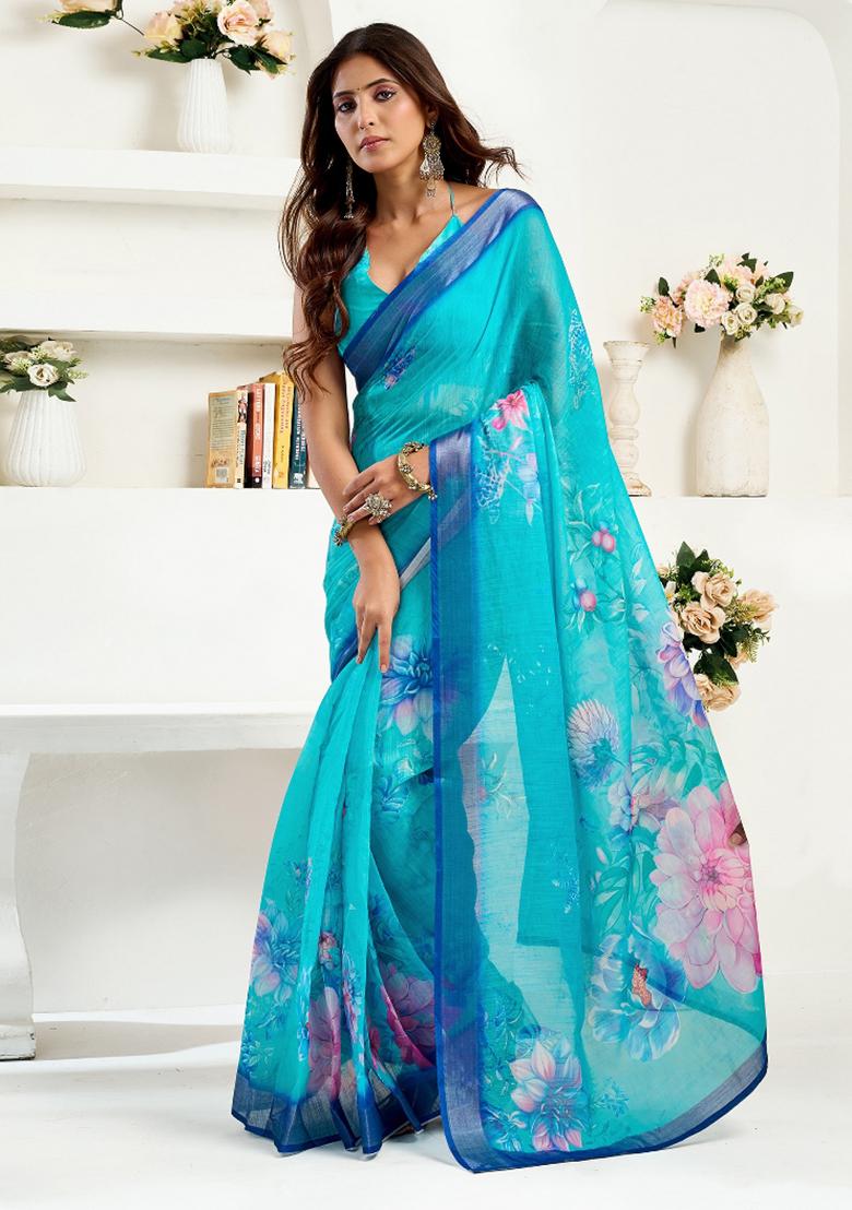 Turquoise&nbsp; Floral Linen Saree Set - Indya