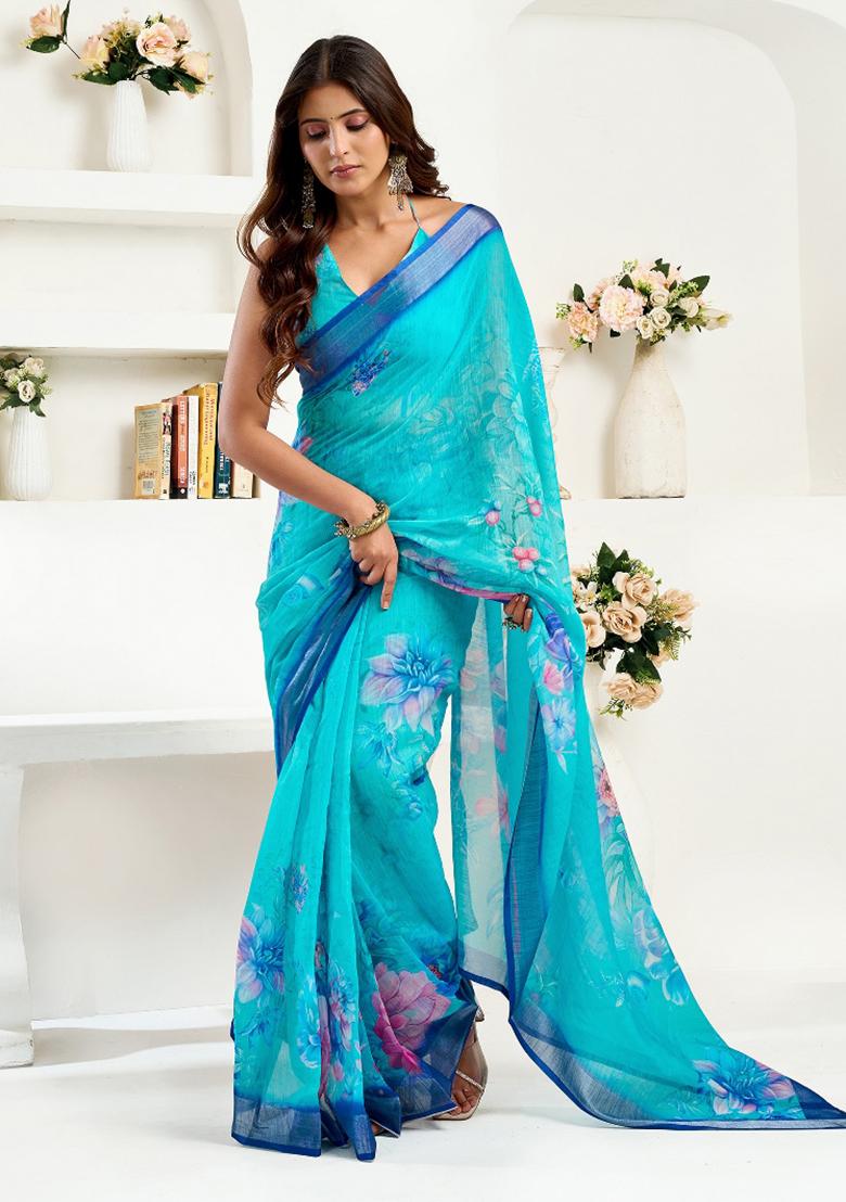 Turquoise&nbsp; Floral Linen Saree Set - Indya