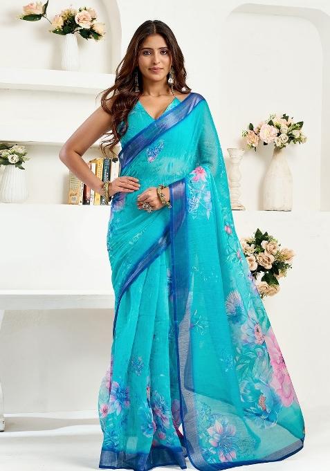 Turquoise&nbsp; Floral Linen Saree Set