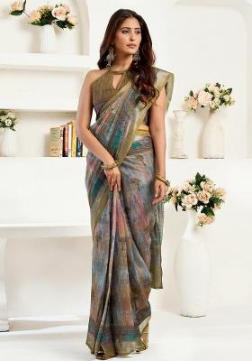 Dusty Green Floral Linen Saree Set