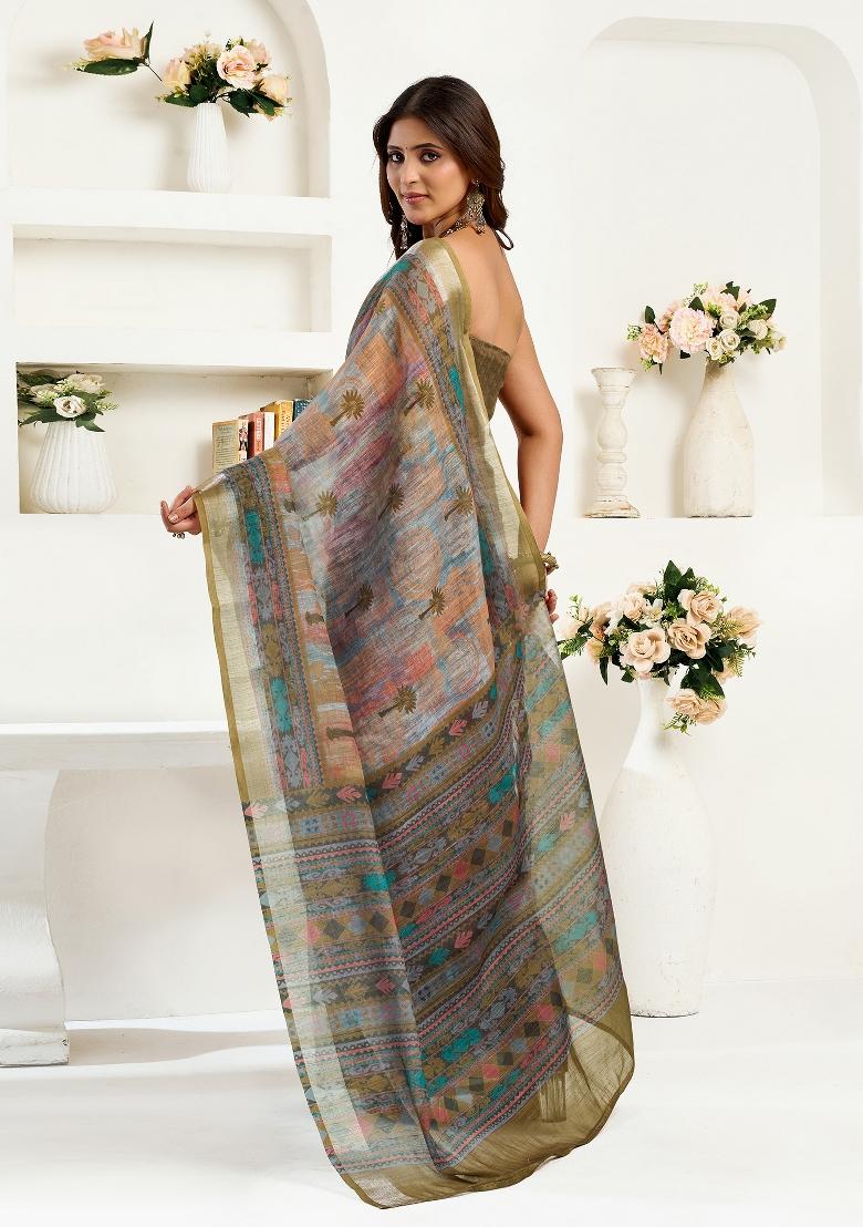 Dusty Green Floral Linen Saree Set - Indya