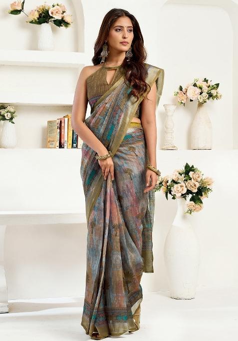 Dusty Green Floral Linen Saree Set