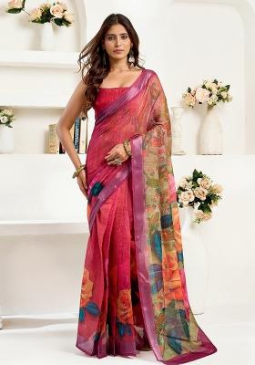 &nbsp;Onion Pink Floral Linen Saree Set