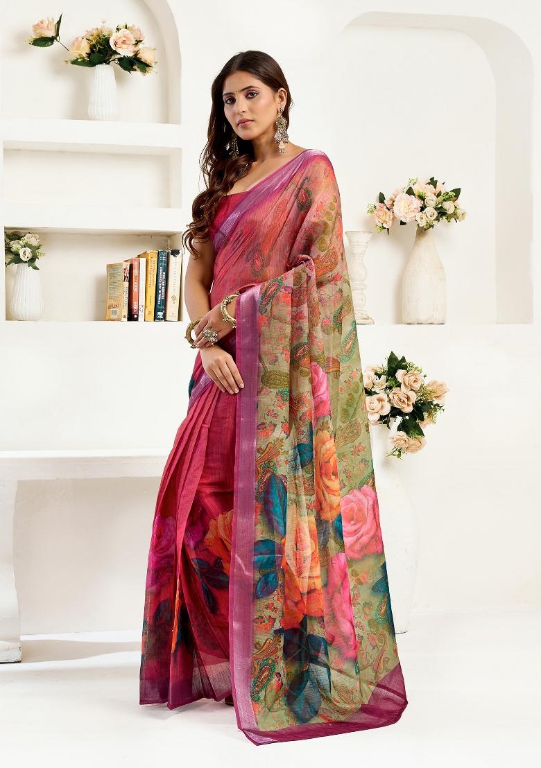 &nbsp;Onion Pink Floral Linen Saree Set - Indya