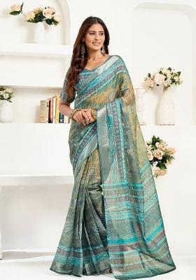 Petrol Ethinic Motifs Linen Saree Set