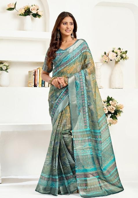 Petrol Ethinic Motifs Linen Saree Set