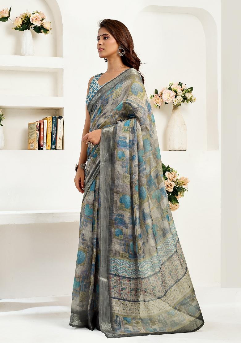 &nbsp;Dusty Brown Floral Linen Saree Set - Indya