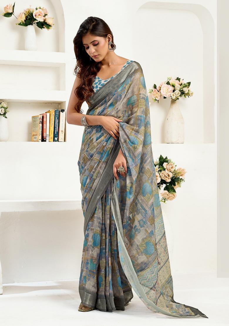 &nbsp;Dusty Brown Floral Linen Saree Set - Indya