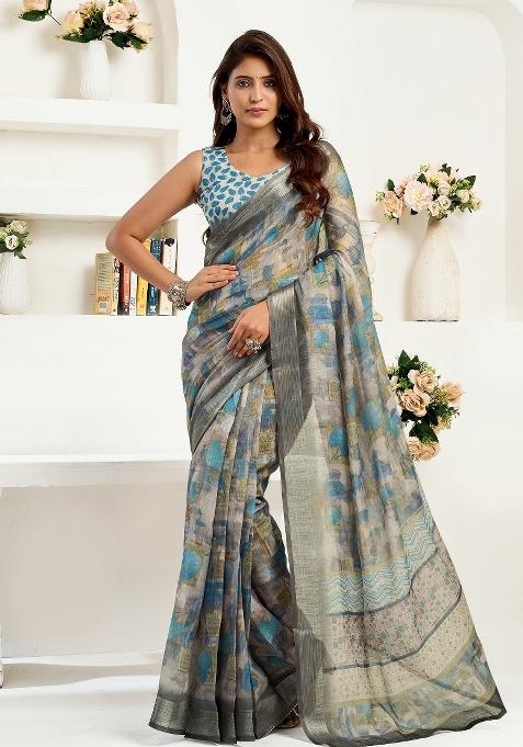  Dusty Brown Floral Linen Saree Set