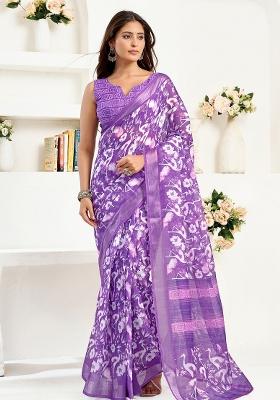 Purple Floral Linen Saree Set