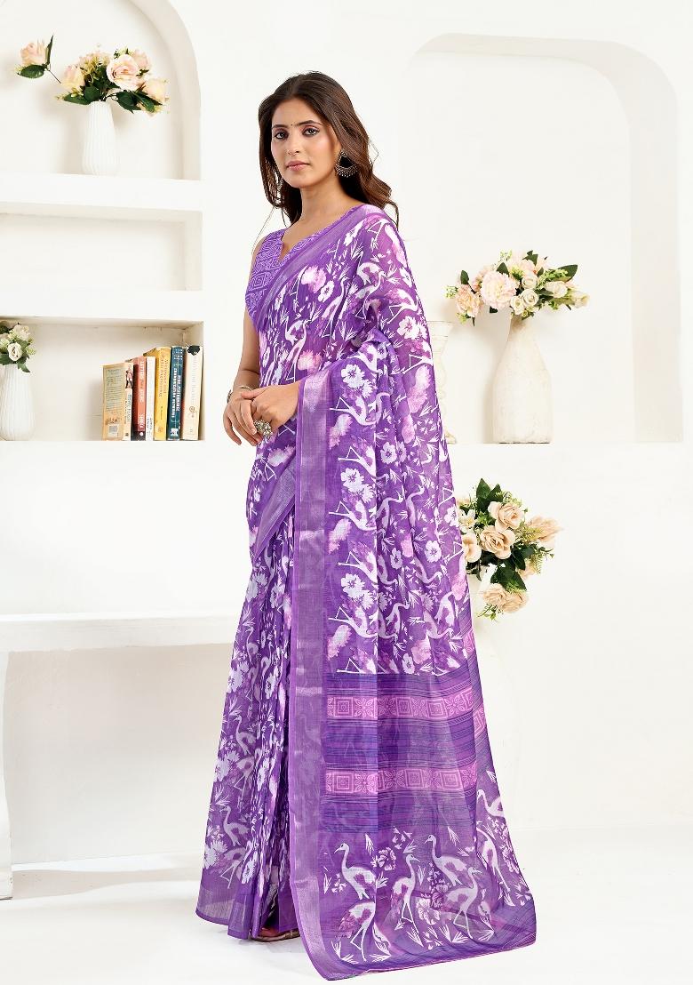Purple Floral Linen Saree Set - Indya